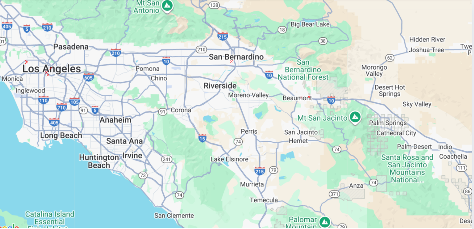 Map showing AMG billboard locations across Los Angeles, San Bernardino, Beaumont, and Banning along I-10, I-215, and 101.